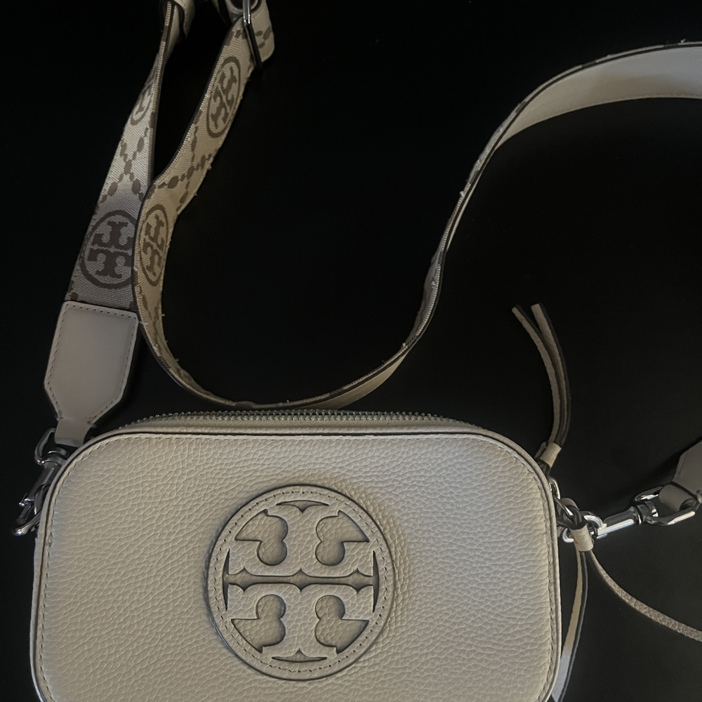 Tory Burch Cream Pebbled Leather Camera Bag with Logo Jacquard Strap